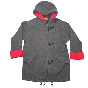 VTG Herman Kay Bib-Jacket Wool Toggle Hooded Coat Gray Red Sz 8